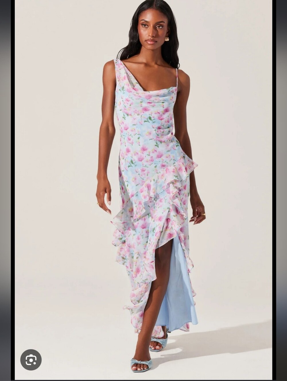 Floral Ruffle Slip Dress in Pastel Pink & Blue